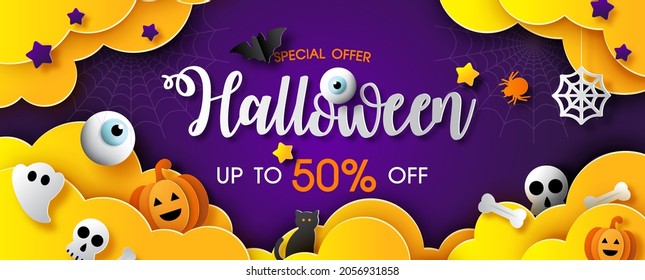 Cute sign and symbols of Halloween with sale wording in yellow clouds and on gradient purple background. Halloween sale banner in paper cut style and vector design.
