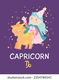 Cute sign zodiac card flat style. Vector illustration with astrological symbol Capricorn, zodiac sign. Mystical symbol.