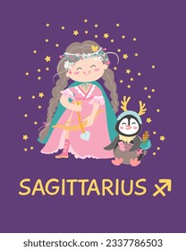 Cute sign zodiac poster flat. Vector illustration with astrological symbol Sagittarius, zodiac sign. Mystical symbol.