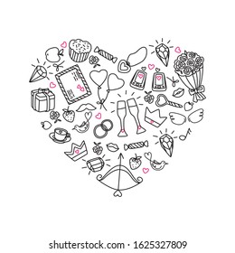 Cute Signs and Symbols of Love, Romantic Relationships. Linear Vector Illustration Isolated on White Background.