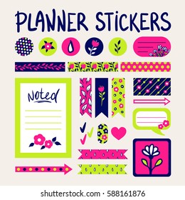 Cute signs and symbols for organized you planner. Vector template with flowers and leaves patterns. Design elements for scrapbook or schedule, sticker, invitations or notebooks, diaries and cards.