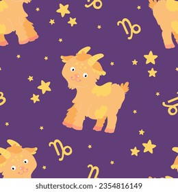 Cute signs zodiac pattern with Capricorn. Hand drawn trendy Vector illustration for kids flat style