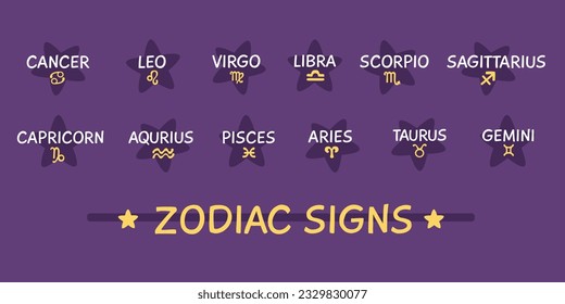 Cute signs zodiac text. Vector set of flat illustration with lettering. Aquarius, pisces, aries, leo, gemini, taurus, scorpio, sagittarius libra and virgo.