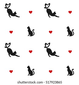 cute silhouette cats with hearts seamless vector pattern background illustration