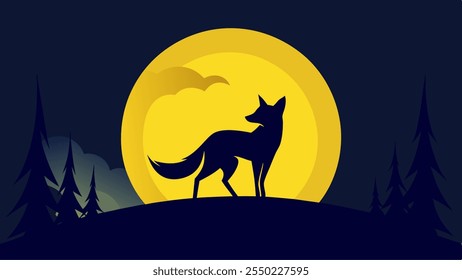 A cute silhouette fox with yellow moon background for your monitor or design background