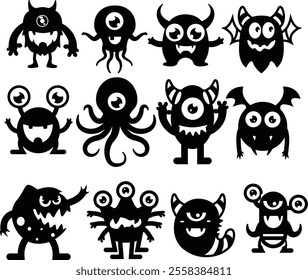 Cute Silhouette Monster Icons Bundle