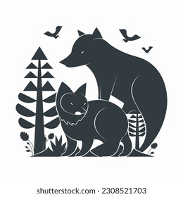 cute silhouette wolves and trees, Vector illustrations 