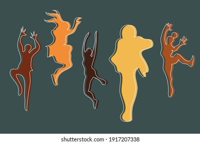 Cute silhouettes of abstract 
characters in jump with hands up. Afro or sport free style. Flat and minimal design with offset of white outline. Dynamic shapes. Motivation, happiness and success.	
