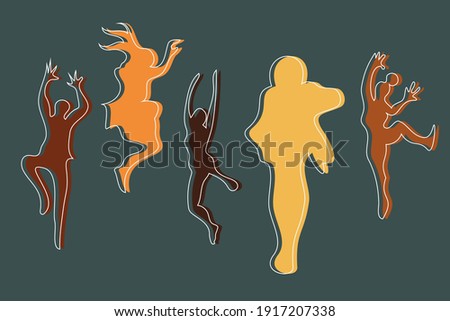 Cute silhouettes of abstract 
characters in jump with hands up. Afro or sport free style. Flat and minimal design with offset of white outline. Dynamic shapes. Motivation, happiness and success.	
