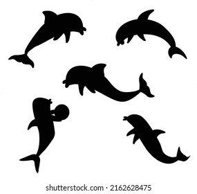 Cute silhouettes dolphins set. Cute cartoon blue dolphin character play, jump through hoop and draw. Marine animal vector set. Dolphin show performance jump hoop illustration.
