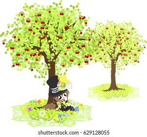 A cute silk hat girl who takes a nap under the cherry tree