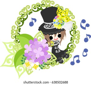 A cute silk hat girl and a wreath of hydrangeas