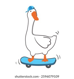 Cute silly Cartoon Goose Ride Skateboard Vector lllustration , funny goose,Minimalist Style.Perfect forlogo, greeting card and wrapping paper.Vector illustration in flat cartoonstyle.
