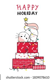 cute silly cat on stack of Christmas red present box doodle cartoon clip art, Happy Holiday, greeting card.