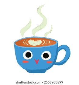 Cute silly coffee cartoon in crayon style editable Colorful vector hand drawn illustration. Children designs for cards, poster decorations, t-shirt prints, stickers, icons and others