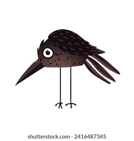 Cute silly crow or raven bird character cartoon for kids. Childish crow, isolated clipart drawing. Vector hand drawn raven bird character. Illustration in quirky style. Character design for children.