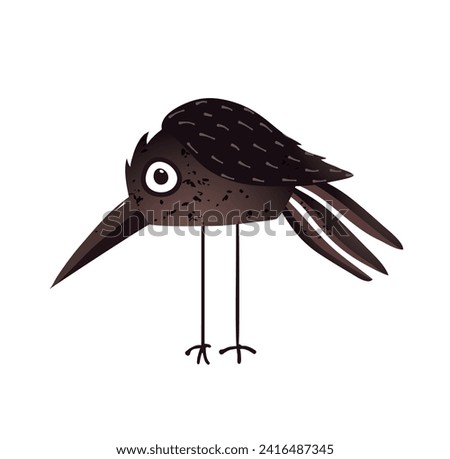 Cute silly crow or raven bird character cartoon for kids. Childish crow, isolated clipart drawing. Vector hand drawn raven bird character. Illustration in quirky style. Character design for children.