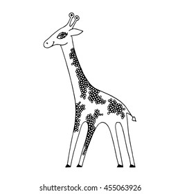 Cute silly giraffe. Abstract isolated funny design element for children. Hand drawn vector black and white illustrations. Cartoon, doodle.