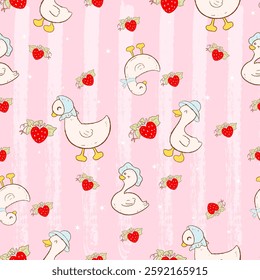 Cute silly goose with bow pattern seamless, vintage goose , Vintage Retro goose Seamless Pattern, easter Vintage Coquette spring seamless file, Retro Pink seamless coquette Digital duck wallpaper