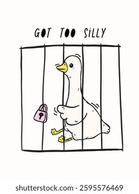 Cute Silly Goose on the Loose in cage, got too silly, Retro Cartoon Hand Drawn Meme illustration Design