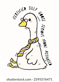 Cute Silly Goose on the Loose in serious mode, Retro Cartoon Hand Drawn Meme illustration Design