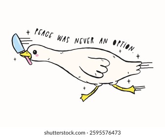 Cute Silly Goose on the Loose have knife Retro Cartoon Hand Drawing Meme Design Illustration