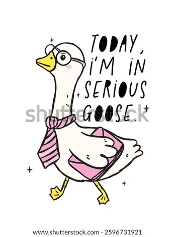 Cute Silly Goose in serious mode with necktie, Retro Cartoon Hand Drawing Meme Design
