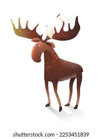 Cute silly moose and birds sitting on antlers. Animal clipart for kids. Moose or Elk funny character for children, isolated clip art. Hand drawn vector animal clipart illustration in watercolor style.
