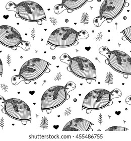 Cute silly turtle seamless pattern. Abstract isolated funny design for children. Hand drawn vector black and white illustrations.Cartoon,doodle. Background,wallpaper. Colouring page.Texture for print.
