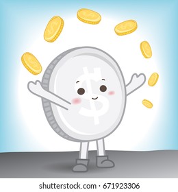 Cute Silver Coin Throw Gold Metal Coins To The Sky And Smiling. Vector Illustration.