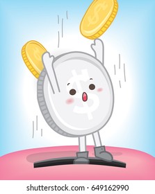 Cute silver and gold coins falling into a pink piggy bank.