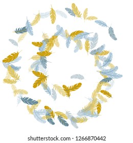 Cute silver gold feathers vector background. Fluffy twirled feathers on white design. Quill plumelet silhouettes illustration. Bird wing plumage boho line art.