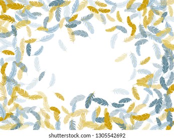 Cute silver gold feathers vector background. Decorative confetti of festive plumelet. Plumage trendy fashion shower decor. Detailed majestic feather on white design.