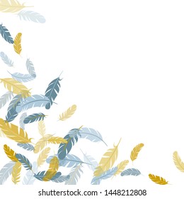 Cute silver gold feathers vector background. Fluffy twirled feathers on white design. Plumage glamour fashion shower decor. Decorative confetti of festive plumelet.