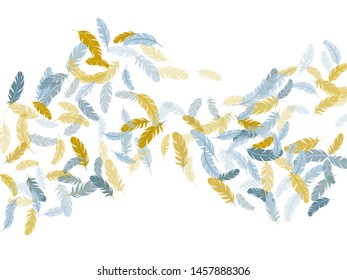 Cute silver gold feathers vector background. Decorative confetti of festive plumelet. Falling feather elements soft vector design. Plumage trendy fashion shower decor.