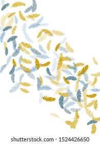 Cute silver gold feathers vector background. Smooth plumelet tribal ornate graphics. Plumage bohemian fashion shower decor. Flying feather elements airy vector design.