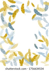 Cute silver gold feathers vector background. Easy plumelet ethnic indian graphics. Plumage bohemian fashion shower decor. Fluffy twirled feathers on white design.