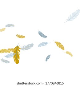 Las plumas de oro plateado lindo son fondo vectorial. Decoración bohemia de plumas en la ducha. Decoración de plumelet de carnaval. Las plumas giradas y esponjosas sobre el diseño blanco.