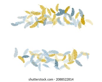 Cute silver gold feathers vector background. Plumage fluff dreams symbols. Decoration confetti of carnival plumelet. Detailed majestic feather on white design.