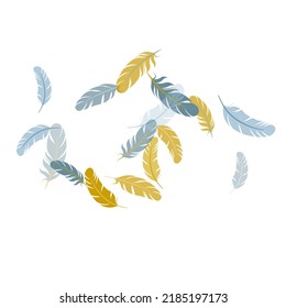 Cute silver gold feathers vector background. Plumage bohemian fashion shower decor. Decorative confetti of festive plumelet. Flying feather elements airy vector design.