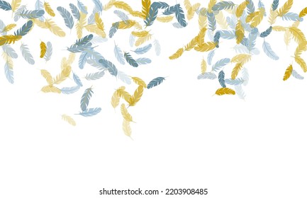Cute silver gold feathers vector background. Easy plumelet ethnic indian graphics. Falling feather elements soft vector design. Plumage glamour fashion shower decor.