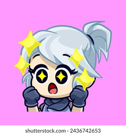 cute silver haired girl amazed sparkling eyes emotes sticker cartoon vector illsutration