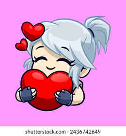 cute silver haired girl hugging heart love emotes sticker cartoon vector illsutration