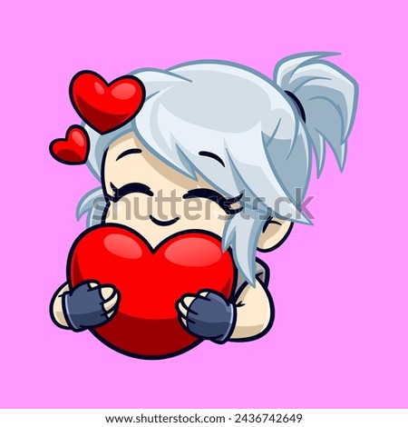 cute silver haired girl hugging heart love emotes sticker cartoon vector illsutration