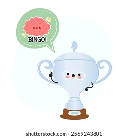 Cute Silver trophy cup character saying BINGO with a brain in a speech bubble. Vector hand drawn cartoon kawaii character illustration. Isolated white background. Silver trophy cup poster and brain