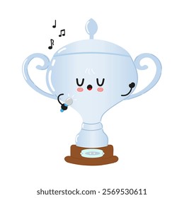 Cute Silver trophy cup character singing into a microphone character. Vector hand drawn cartoon kawaii character illustration icon. Isolated on white background. Silver trophy cup character concept