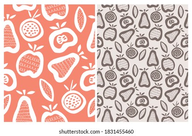 Cute Simple Abstract Fruits Seamless Vector Pattern with Hand Drawn Apples and Pears Isolated on a Beige and Pale Red Background. Funny Minimalist Print ideal for Fabric, Textile, Wrapping Paper.