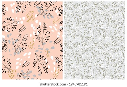 Cute Simple Abstract Garden Print. Pastel Color Floral Seamless Vector Patterns ideal for Fabric, Textile. Hand Drawn Twigs And Irregular Spots Isolated on a Gray and Blush Pink Background.