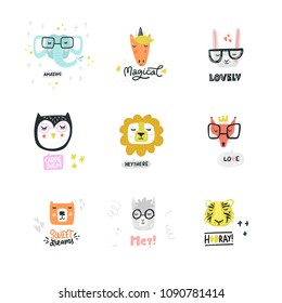 Cute and simple animal faces collection. Doodle style icons for kids cards and invitations. Clip art vector design.