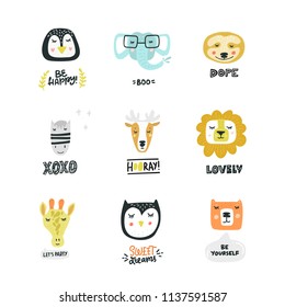 Cute and simple animal faces collection. Doodle style icons for kids cards and invitations. Clip art vector design.